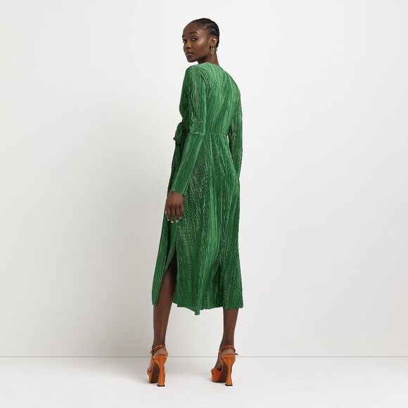 River Island Green Daywear Plisse Wrap Midi Dress Size US6 - Picture 10 of 13
